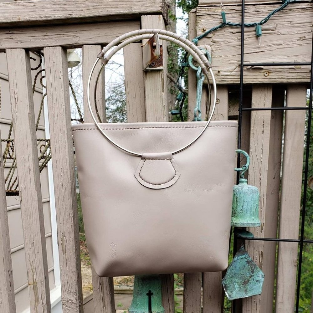 Taupe Leather Handbag Tote with Hoop Handles